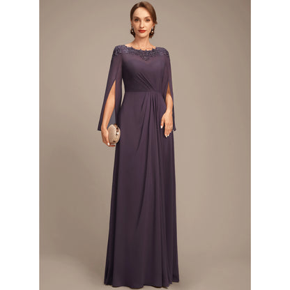 Elegant A-Line Boat Neck Long Sleeve Beaded Plum Mother of the Bride Gown
