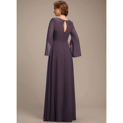Elegant A-Line Boat Neck Long Sleeve Beaded Plum Mother of the Bride Gown