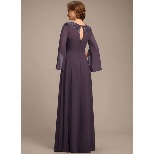 Elegant A-Line Boat Neck Long Sleeve Beaded Plum Mother of the Bride Gown