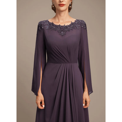 Elegant A-Line Boat Neck Long Sleeve Beaded Plum Mother of the Bride Gown
