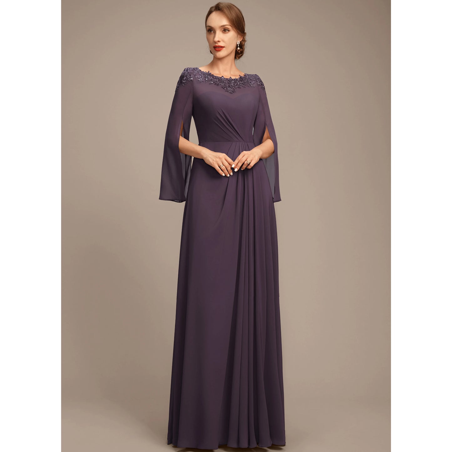 Elegant A-Line Boat Neck Long Sleeve Beaded Plum Mother of the Bride Gown