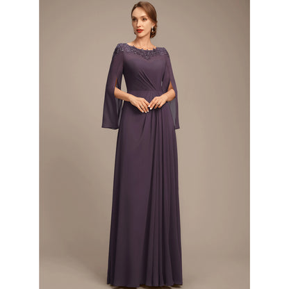 Elegant A-Line Boat Neck Long Sleeve Beaded Plum Mother of the Bride Gown