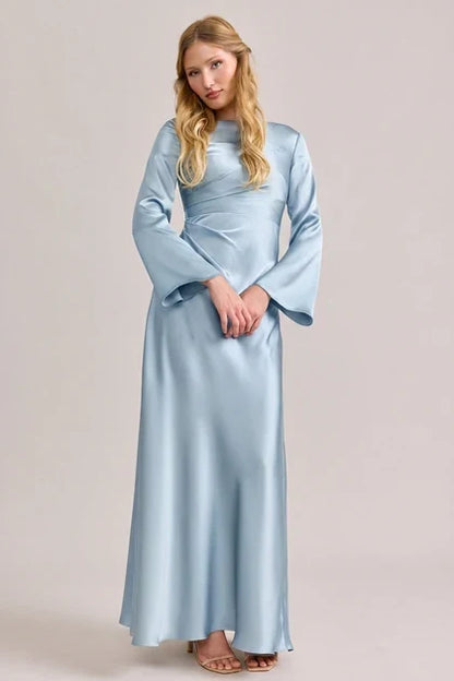 Elegant A-Line Boat Neck Long Sleeve Draped Sky Blue Floor-Length Bridesmaid Dress