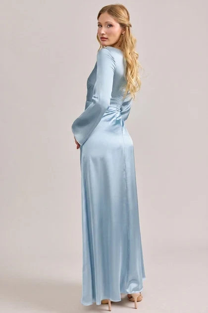 Elegant A-Line Boat Neck Long Sleeve Draped Sky Blue Floor-Length Bridesmaid Dress