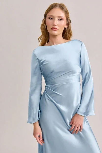 Elegant A-Line Boat Neck Long Sleeve Draped Sky Blue Floor-Length Bridesmaid Dress