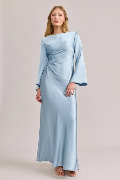 Elegant A-Line Boat Neck Long Sleeve Draped Sky Blue Floor-Length Bridesmaid Dress