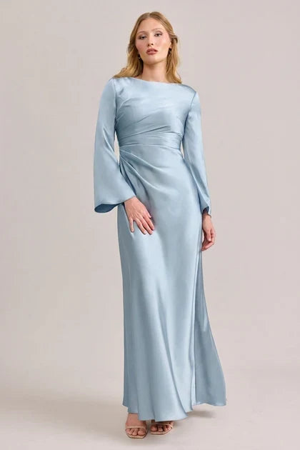 Elegant A-Line Boat Neck Long Sleeve Draped Sky Blue Floor-Length Bridesmaid Dress