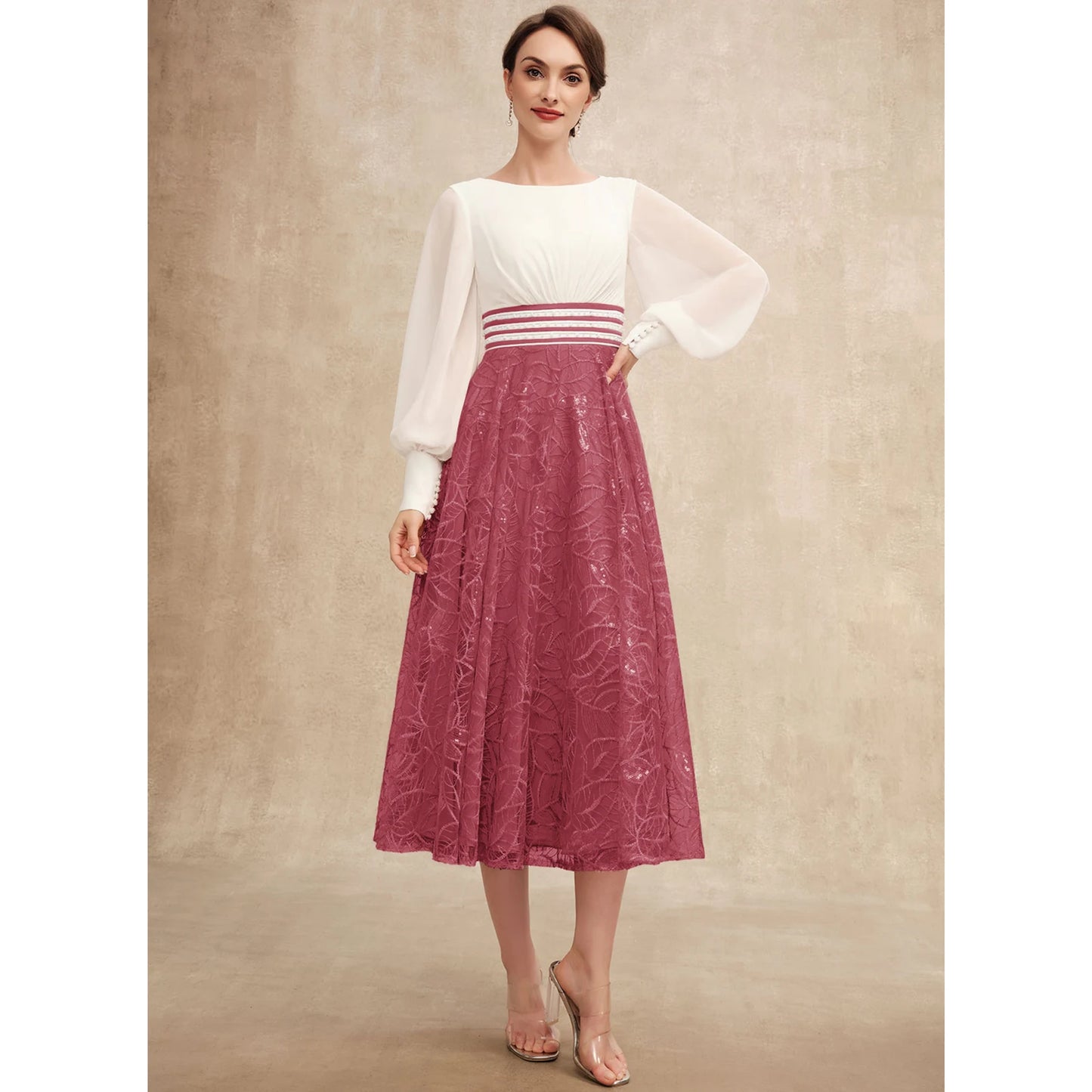 Elegant A-Line Boat Neck Long Sleeve Two-Tone Sequin Mother of the Bride Dress