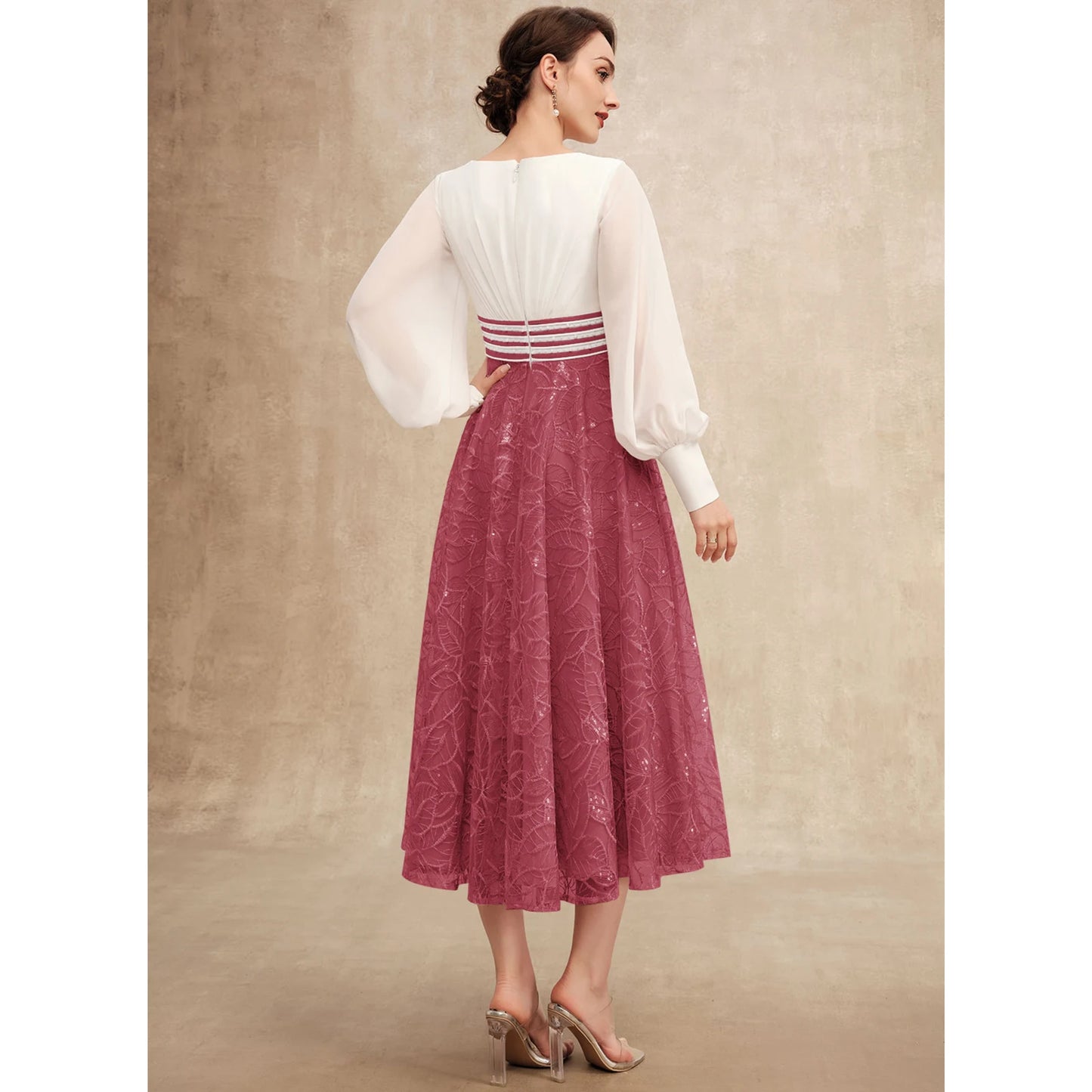 Elegant A-Line Boat Neck Long Sleeve Two-Tone Sequin Mother of the Bride Dress