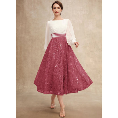 Elegant A-Line Boat Neck Long Sleeve Two-Tone Sequin Mother of the Bride Dress