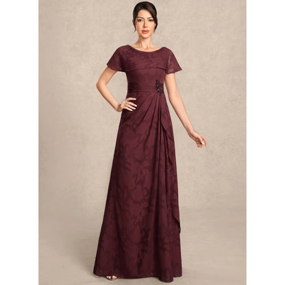 Elegant A-Line Boat Neck Short Sleeve Draped Burgundy Floor-Length Mother of the Bride Gown