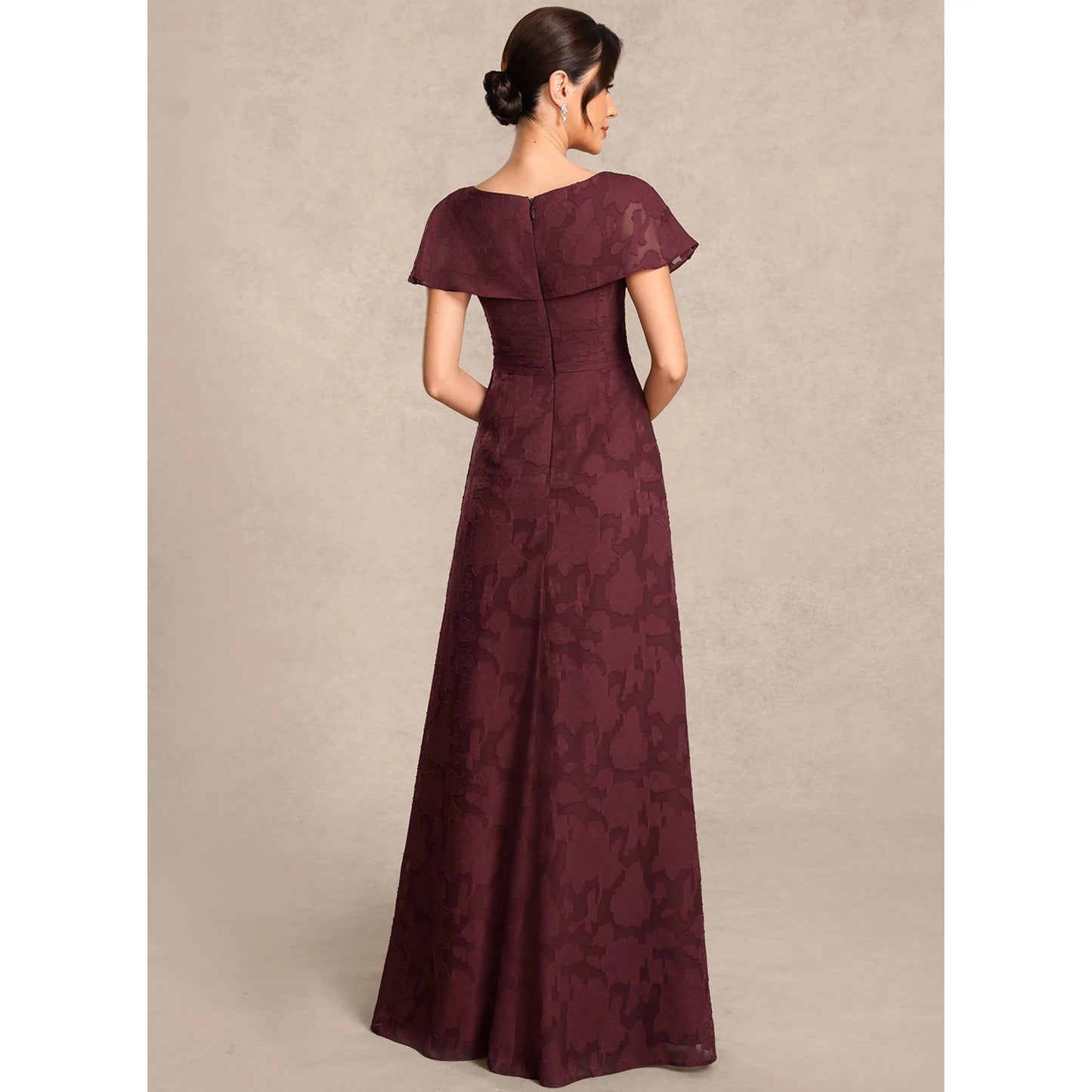 Elegant A-Line Boat Neck Short Sleeve Draped Burgundy Floor-Length Mother of the Bride Gown