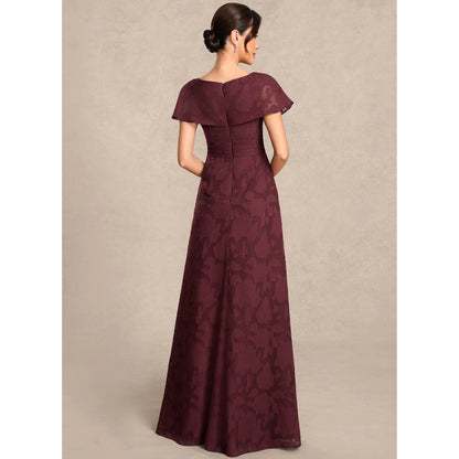 Elegant A-Line Boat Neck Short Sleeve Draped Burgundy Floor-Length Mother of the Bride Gown