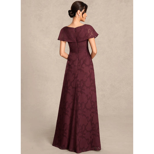 Elegant A-Line Boat Neck Short Sleeve Draped Burgundy Floor-Length Mother of the Bride Gown