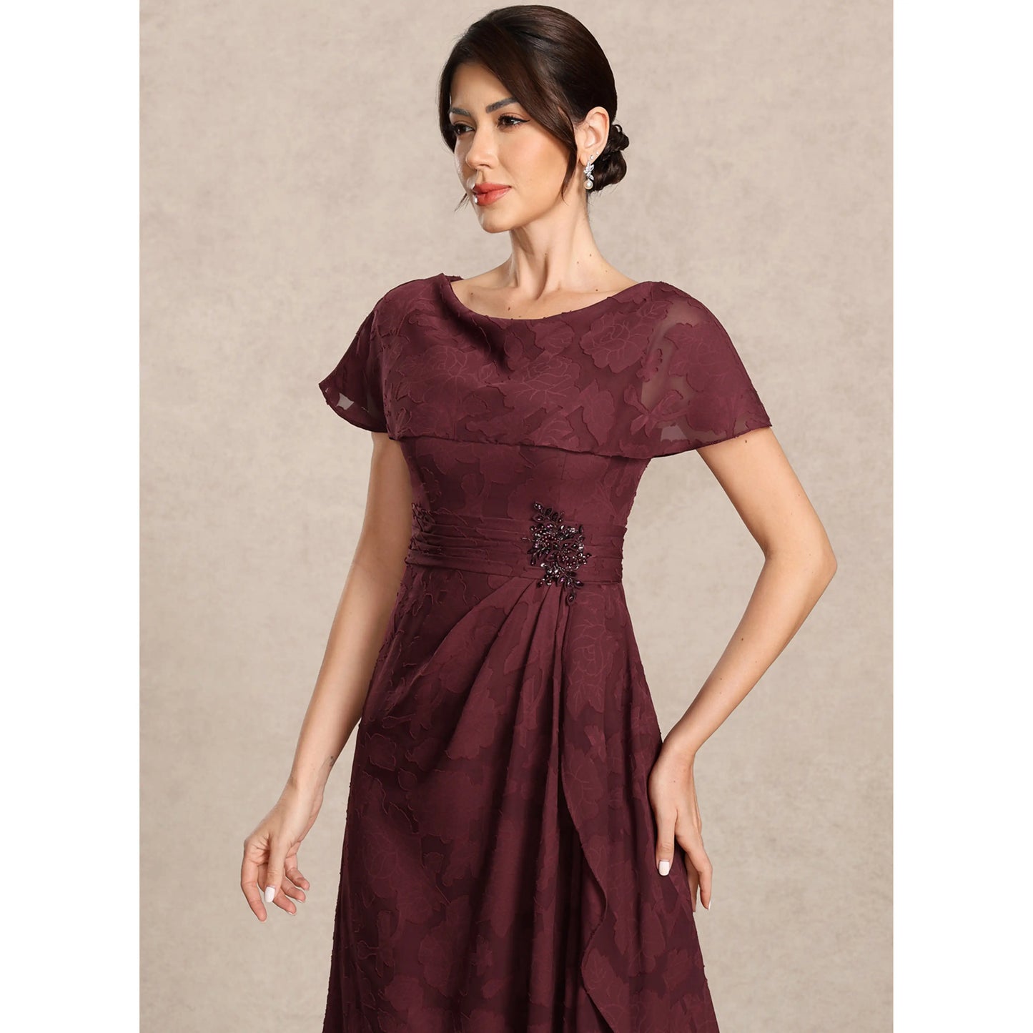 Elegant A-Line Boat Neck Short Sleeve Draped Burgundy Floor-Length Mother of the Bride Gown