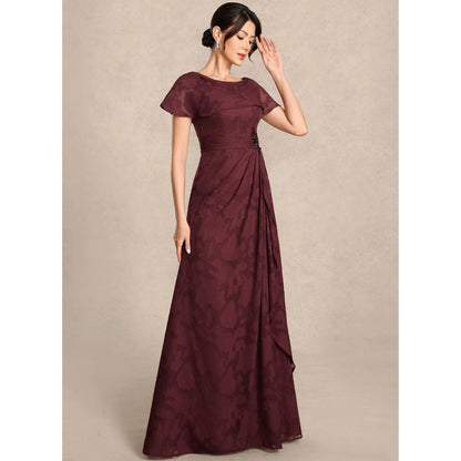 Elegant A-Line Boat Neck Short Sleeve Draped Burgundy Floor-Length Mother of the Bride Gown