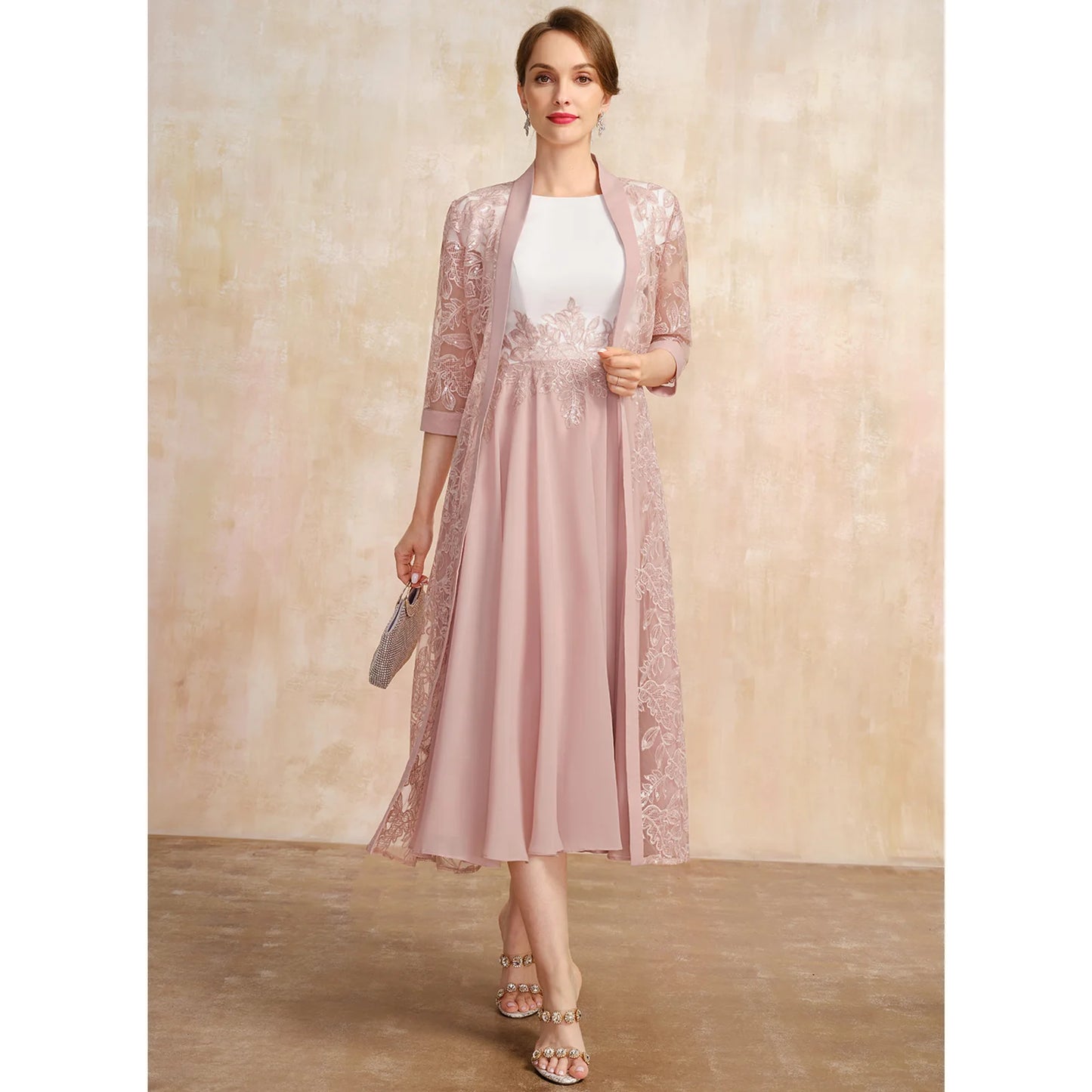 Elegant A-Line Boat Neck Short Sleeve Lace Dusty Pink Midi Mother of the Bride Dress