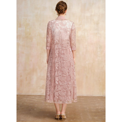 Elegant A-Line Boat Neck Short Sleeve Lace Dusty Pink Midi Mother of the Bride Dress