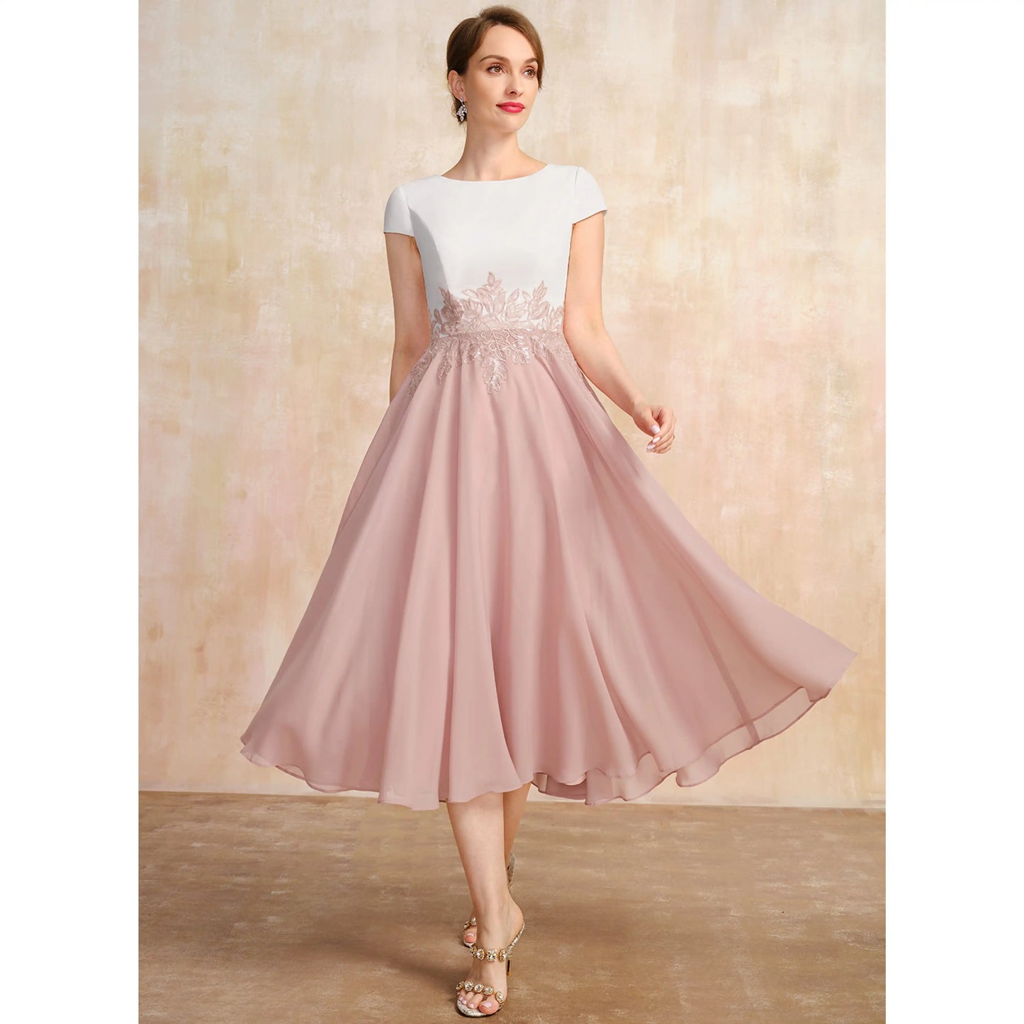 Elegant A-Line Boat Neck Short Sleeve Lace Dusty Pink Midi Mother of the Bride Dress