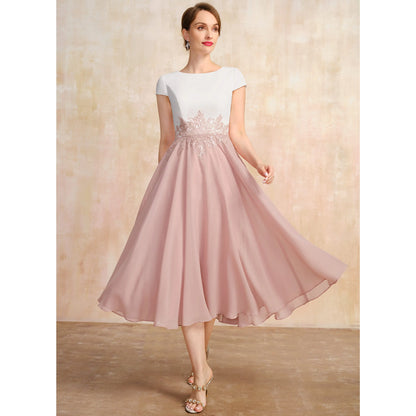 Elegant A-Line Boat Neck Short Sleeve Lace Dusty Pink Midi Mother of the Bride Dress