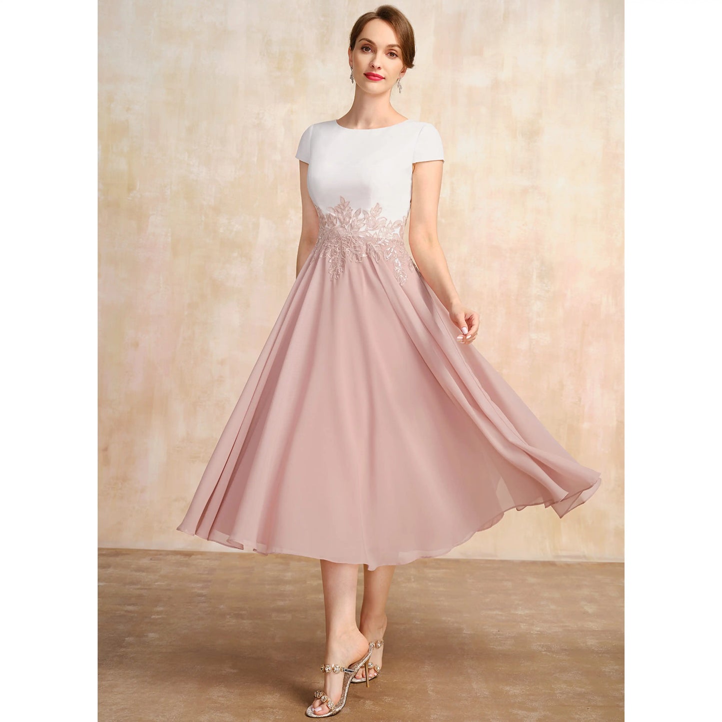 Elegant A-Line Boat Neck Short Sleeve Lace Dusty Pink Midi Mother of the Bride Dress