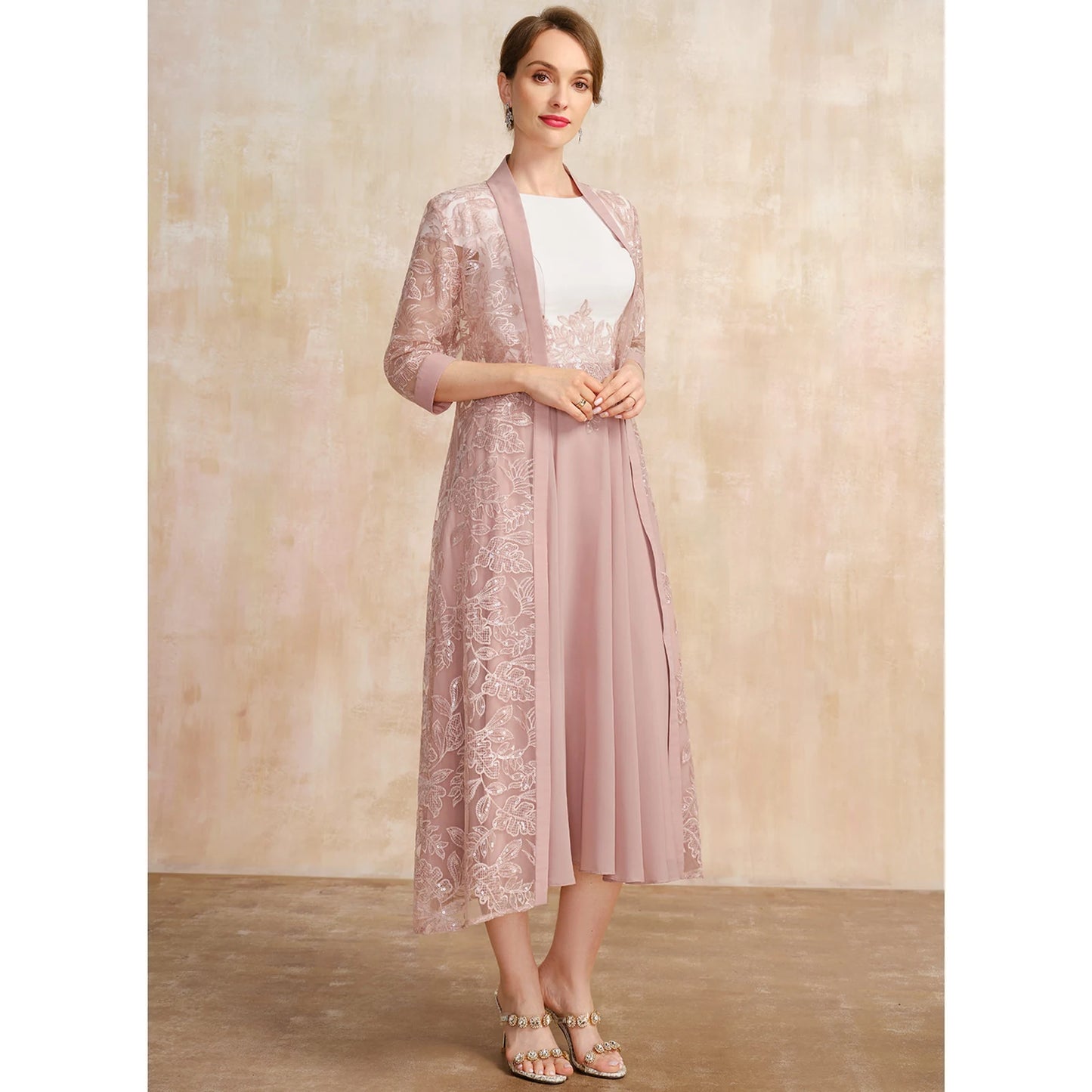 Elegant A-Line Boat Neck Short Sleeve Lace Dusty Pink Midi Mother of the Bride Dress
