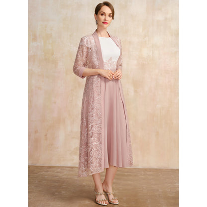 Elegant A-Line Boat Neck Short Sleeve Lace Dusty Pink Midi Mother of the Bride Dress