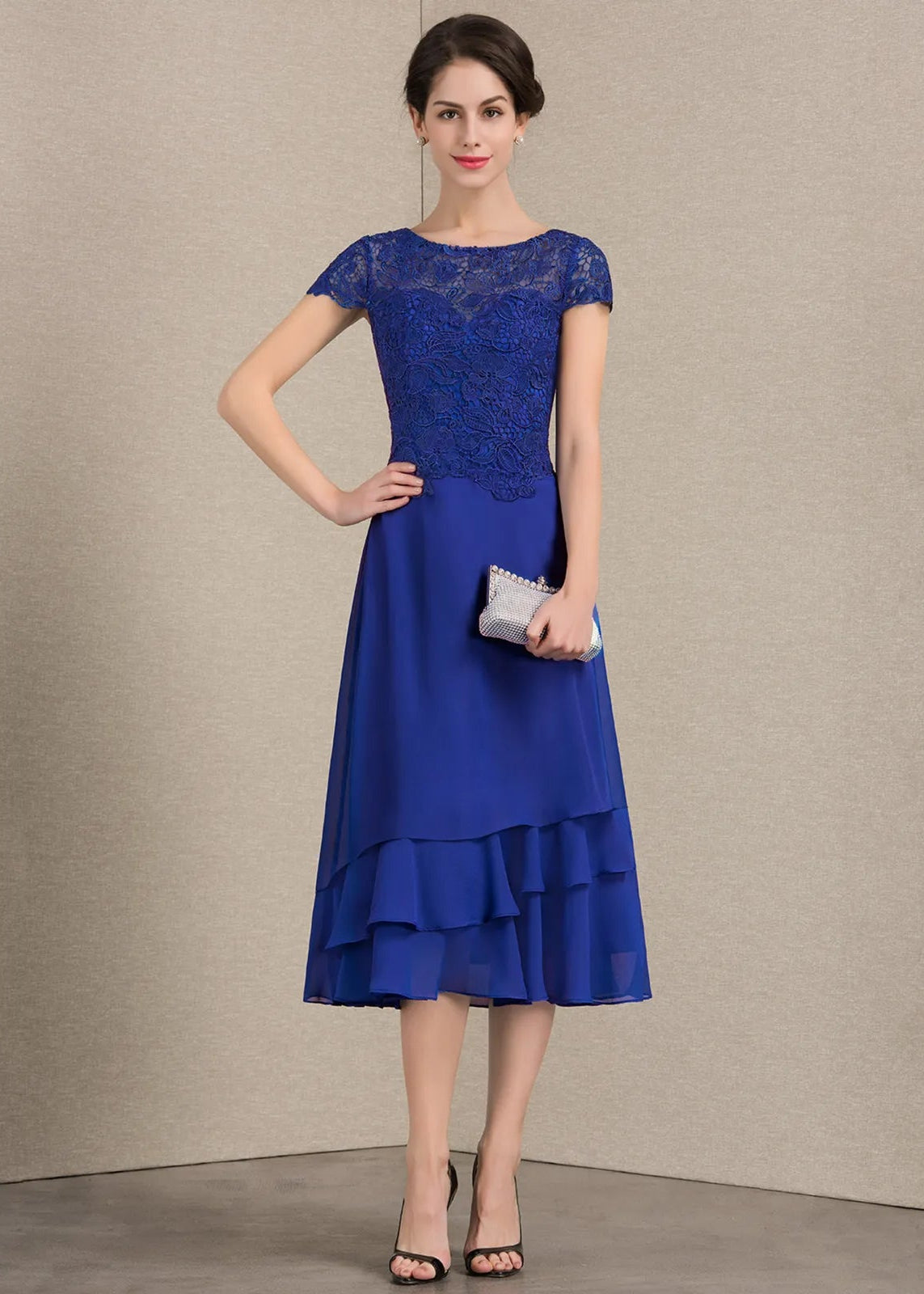 Elegant A-Line Boat Neck Short Sleeve Lace Ruffled Royal Blue Midi Mother of the Bride Dress