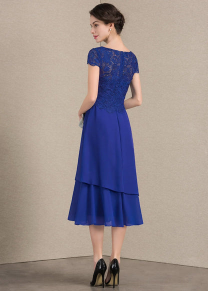 Elegant A-Line Boat Neck Short Sleeve Lace Ruffled Royal Blue Midi Mother of the Bride Dress