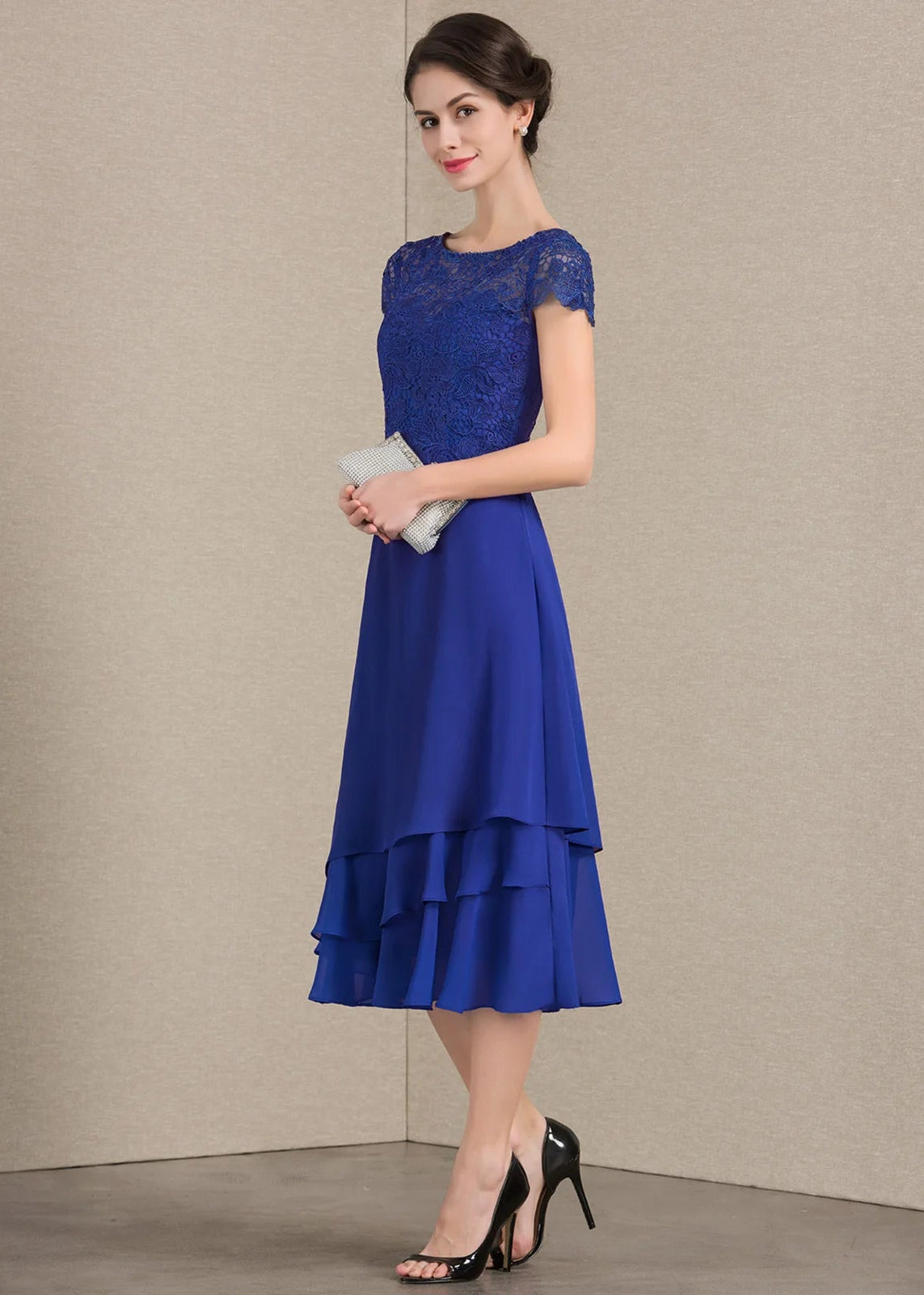 Elegant A-Line Boat Neck Short Sleeve Lace Ruffled Royal Blue Midi Mother of the Bride Dress