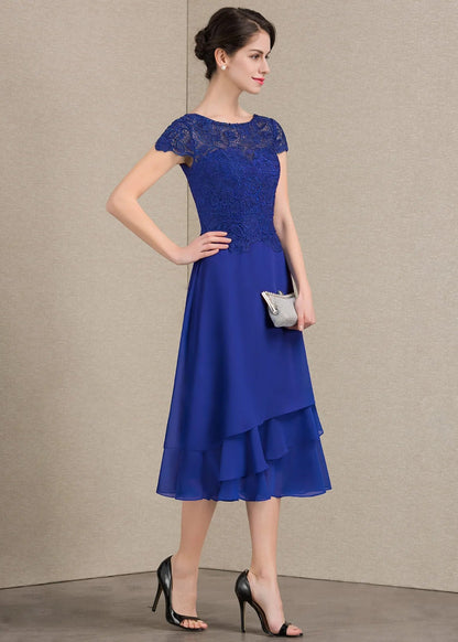 Elegant A-Line Boat Neck Short Sleeve Lace Ruffled Royal Blue Midi Mother of the Bride Dress
