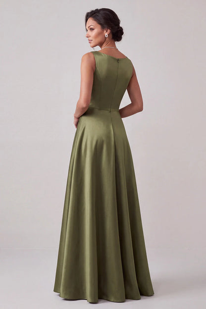 Elegant A-Line Boat Neck Sleeveless Beaded Olive Green Floor-Length Prom Gown