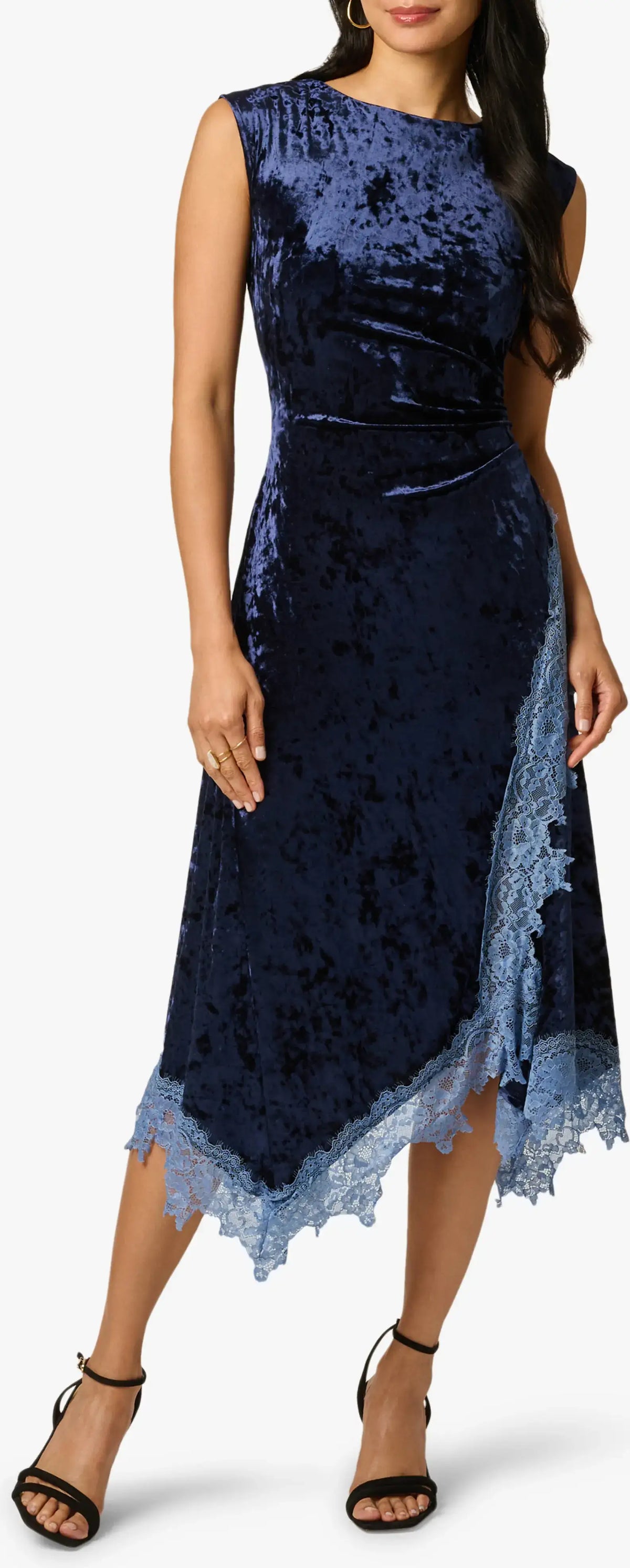 Elegant A-Line Boat Neck Sleeveless Crushed Velvet Asymmetrical Navy Blue Midi Evening Dress