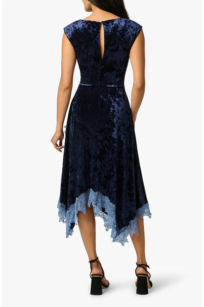 Elegant A-Line Boat Neck Sleeveless Crushed Velvet Asymmetrical Navy Blue Midi Evening Dress