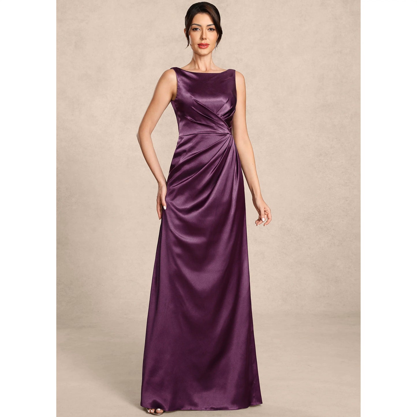 Elegant A-Line Boat Neck Sleeveless Draped Plum Floor-Length Mother Of The Bride Dress
