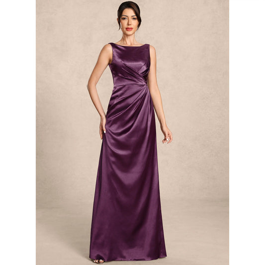 Elegant A-Line Boat Neck Sleeveless Draped Plum Floor-Length Mother Of The Bride Dress