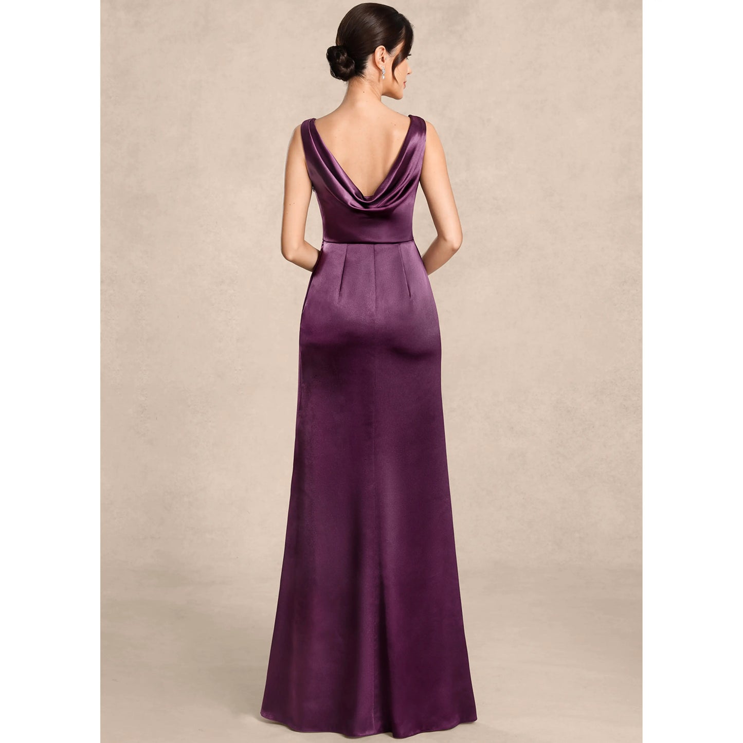 Elegant A-Line Boat Neck Sleeveless Draped Plum Floor-Length Mother Of The Bride Dress