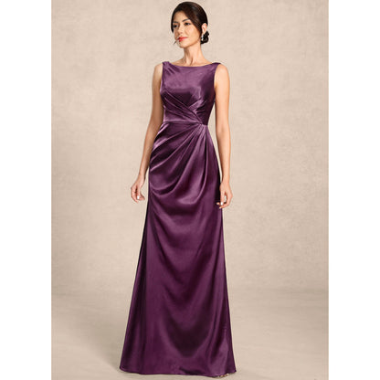 Elegant A-Line Boat Neck Sleeveless Draped Plum Floor-Length Mother Of The Bride Dress