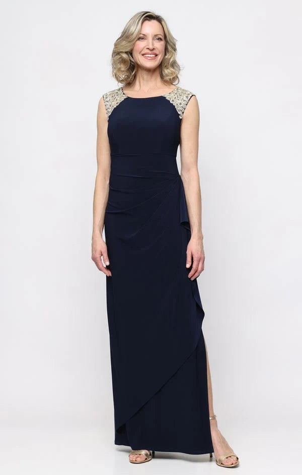 Elegant A-Line Boat Neck Sleeveless Embellished Navy Floor-Length Mother of the Bride Gown