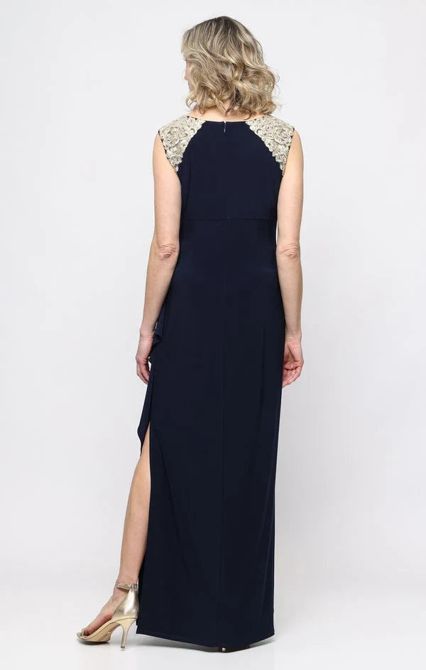 Elegant A-Line Boat Neck Sleeveless Embellished Navy Floor-Length Mother of the Bride Gown