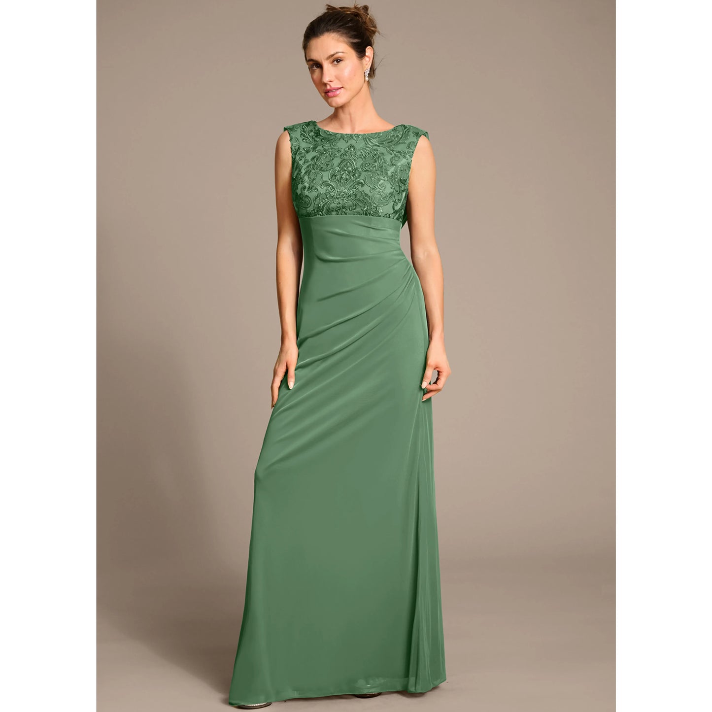 Elegant A-Line Boat Neck Sleeveless Embellished Sage Green Floor-Length Mother of the Bride Dress