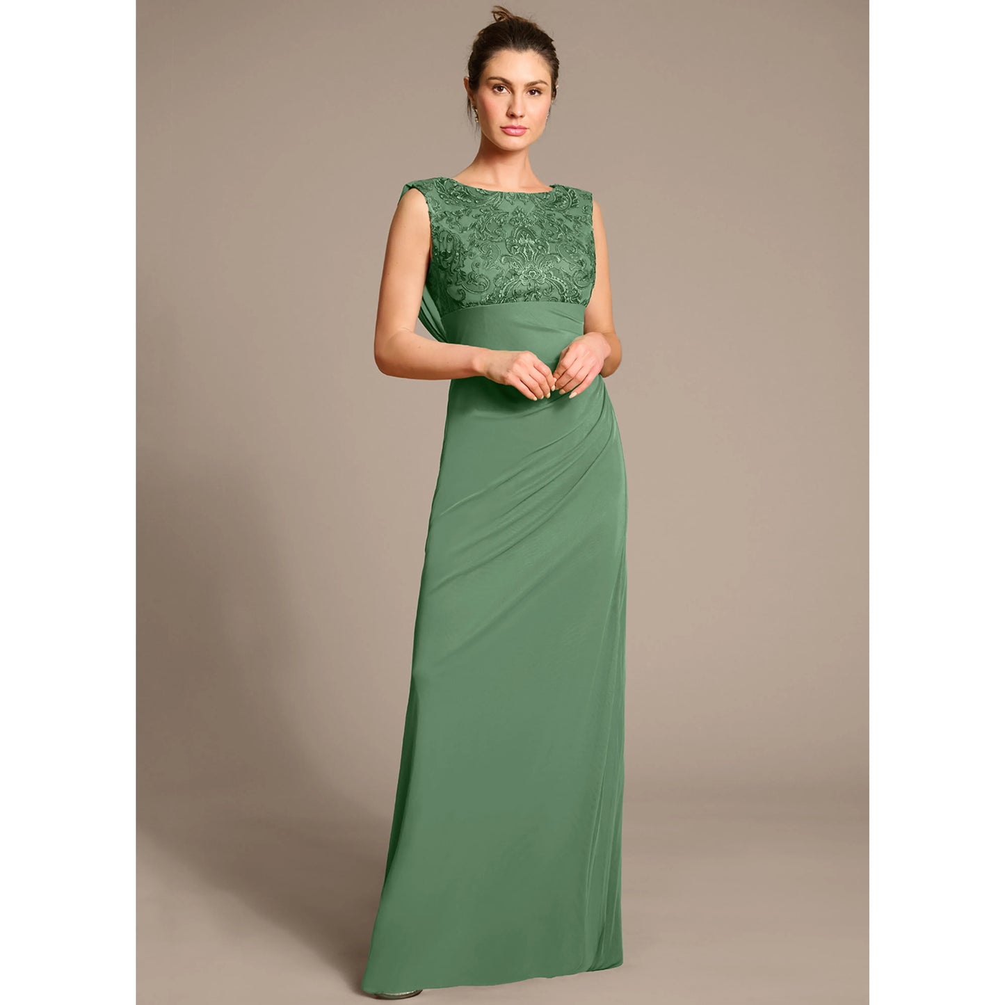 Elegant A-Line Boat Neck Sleeveless Embellished Sage Green Floor-Length Mother of the Bride Dress