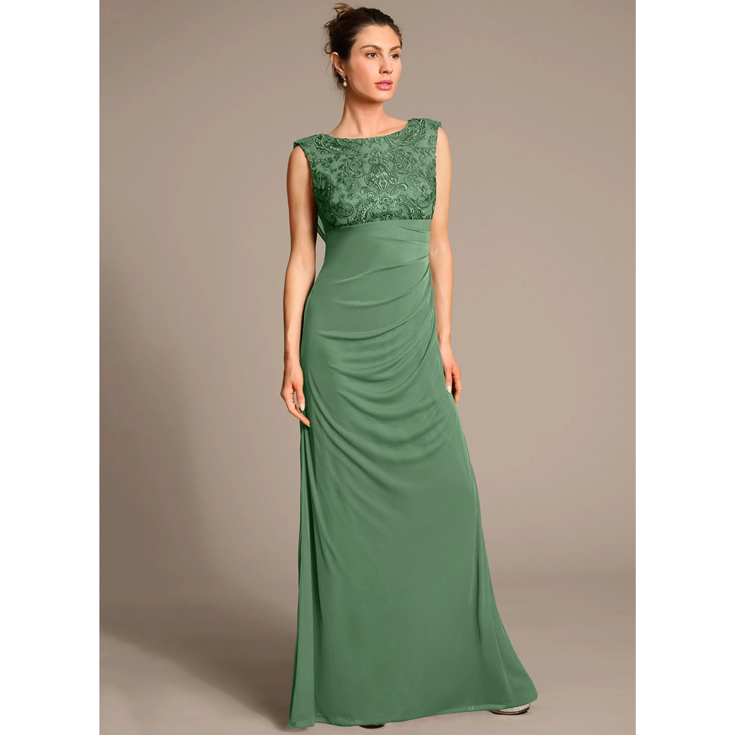Elegant A-Line Boat Neck Sleeveless Embellished Sage Green Floor-Length Mother of the Bride Dress