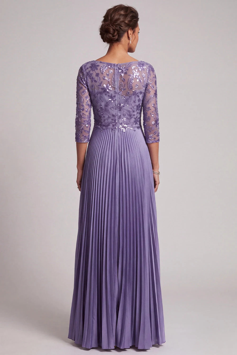 Elegant A-Line Boat Neck Three-Quarter Sleeve Beaded Pleated Lavender Floor Prom Dress