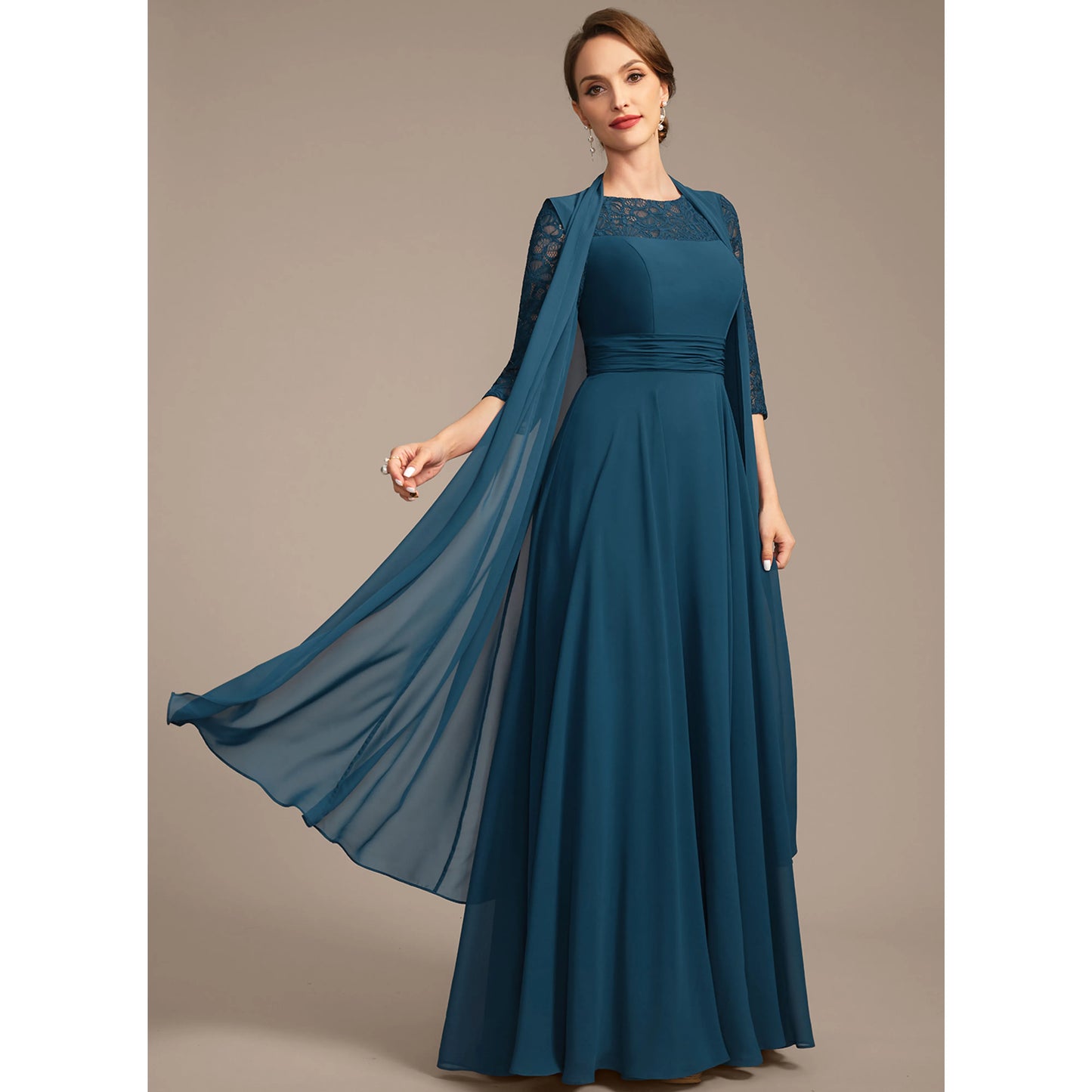 Elegant A-Line Boat Neck Three-Quarter Sleeve Lace Teal Blue Floor-Length Mother of the Bride Gown