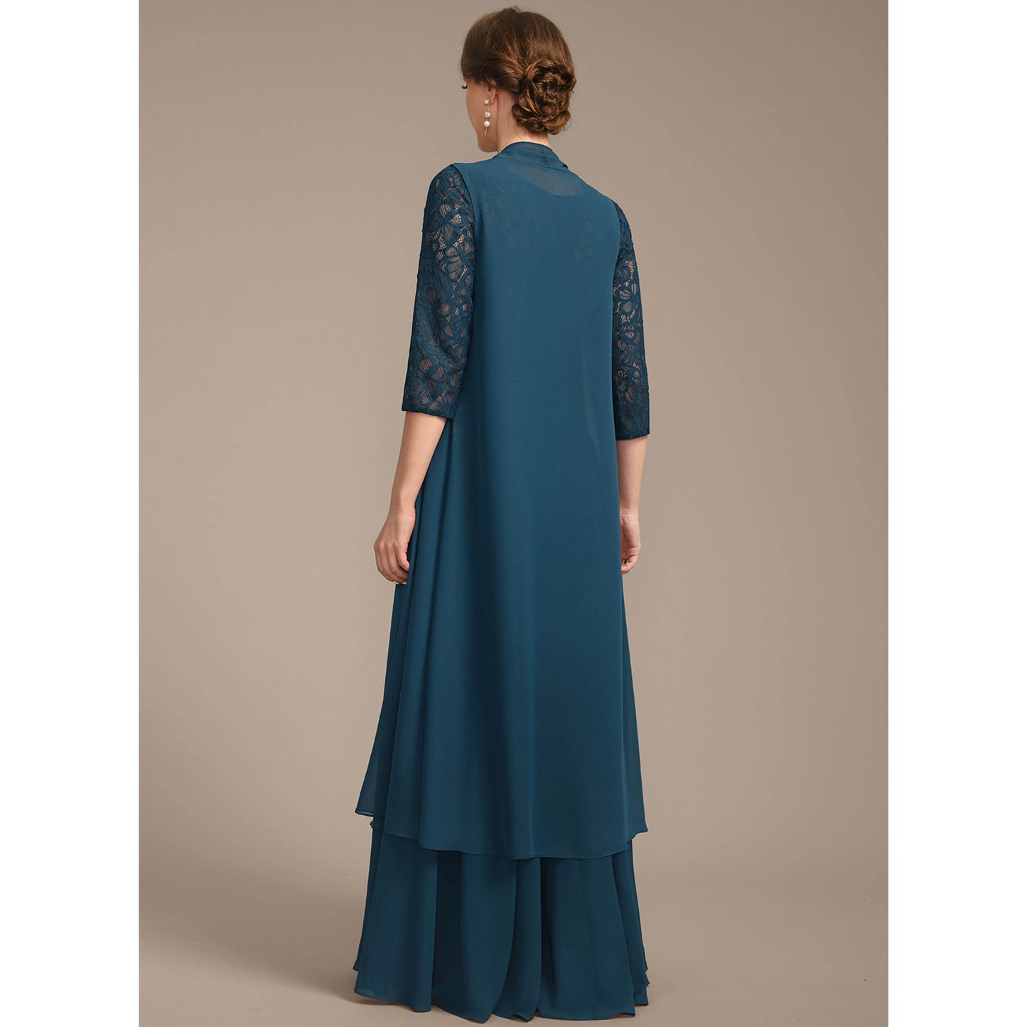 Elegant A-Line Boat Neck Three-Quarter Sleeve Lace Teal Blue Floor-Length Mother of the Bride Gown