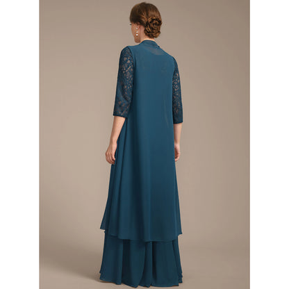 Elegant A-Line Boat Neck Three-Quarter Sleeve Lace Teal Blue Floor-Length Mother of the Bride Gown