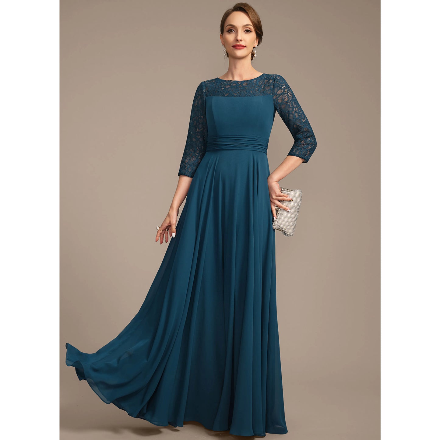 Elegant A-Line Boat Neck Three-Quarter Sleeve Lace Teal Blue Floor-Length Mother of the Bride Gown