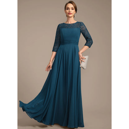 Elegant A-Line Boat Neck Three-Quarter Sleeve Lace Teal Blue Floor-Length Mother of the Bride Gown