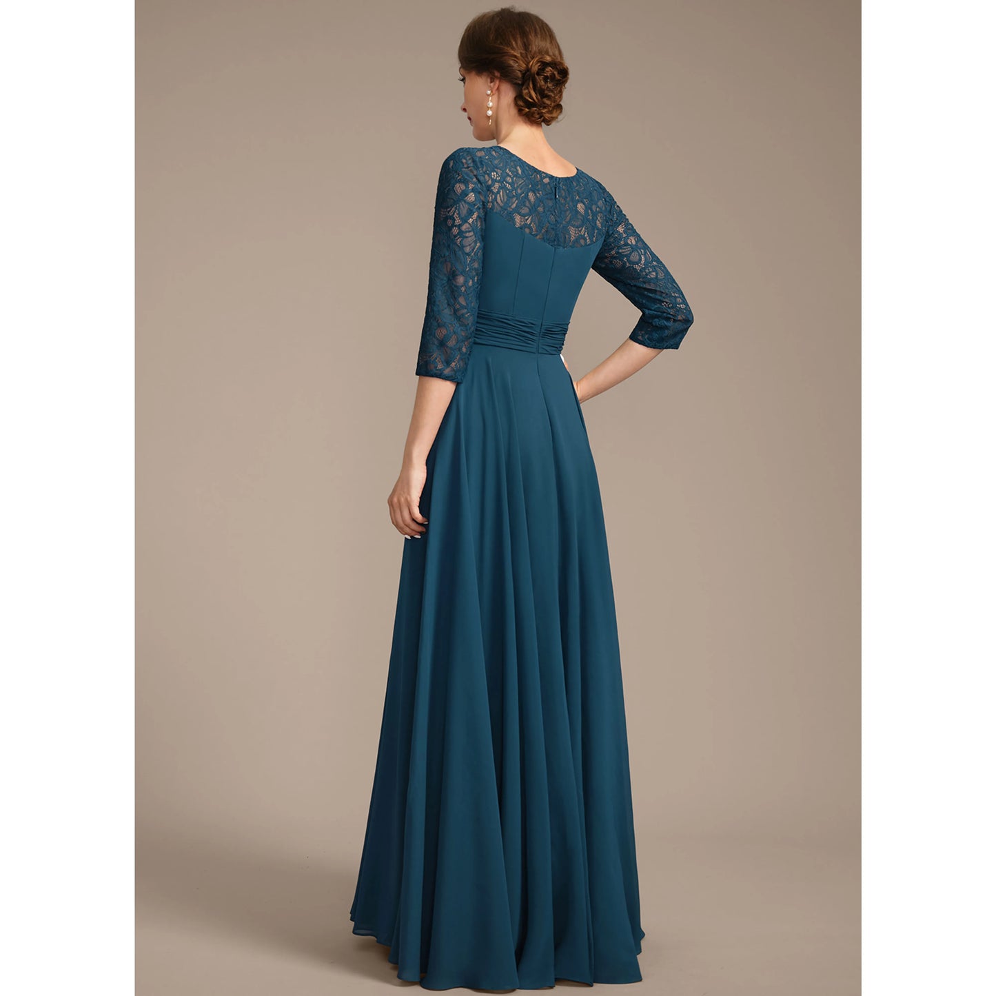Elegant A-Line Boat Neck Three-Quarter Sleeve Lace Teal Blue Floor-Length Mother of the Bride Gown